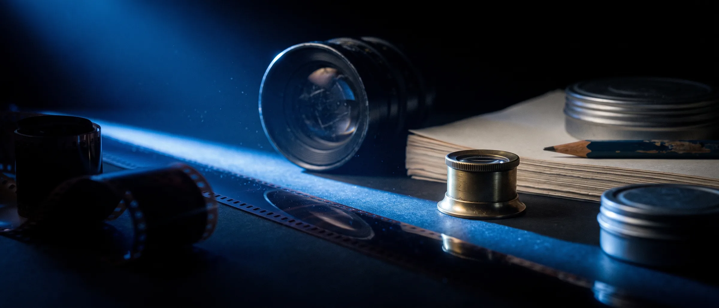 A long studio table with film, a lens, pages and a loupe crossed by a beam of blue light